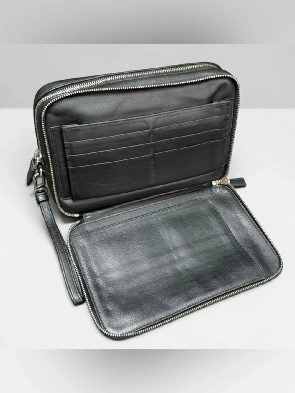 Prada Black Leather Wrist Strap Clutch Double zip Travel Organizer